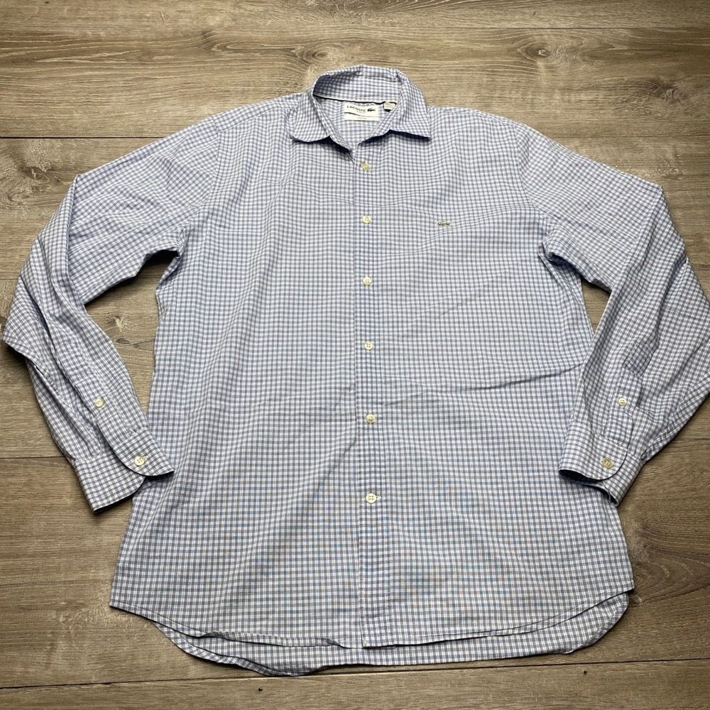 Lacoste Shirt Slim Fit Mens FR 40 Blue White Gingham Check Stretch‎ Long Sleeve